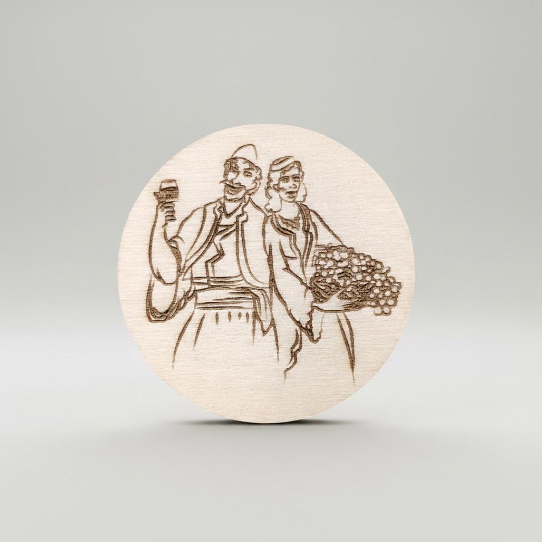 Albanian couple with traditional dress with wine and grapes wood engraved, magnet, souvenir Made in Albania | 
Çift shqiptar me veshje tradicionale me verë e rrush, gdhendur në dru, magnet, suvenir prodhim shqiptar - symbol.al
