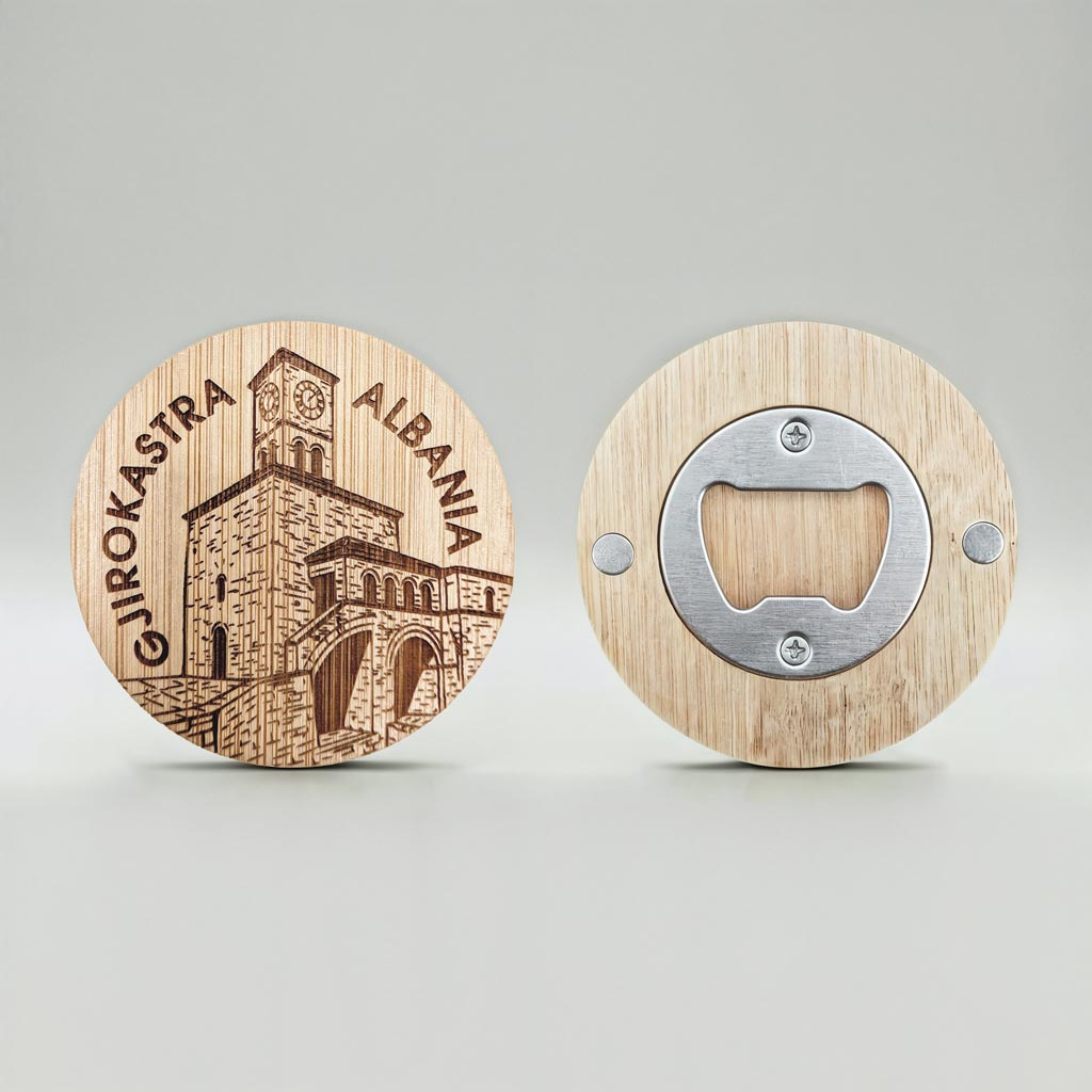 Kalaja e Gjirokastrës e gdhendur në dru, mbrapa hapëse birre me magnet suvenir prodhuar në Shqipëri - symbol.al
Gjirokastra Castle carved in wood, with a magnetic bottle opener on the back, hand made souvenir made in Albania - symbol.al
