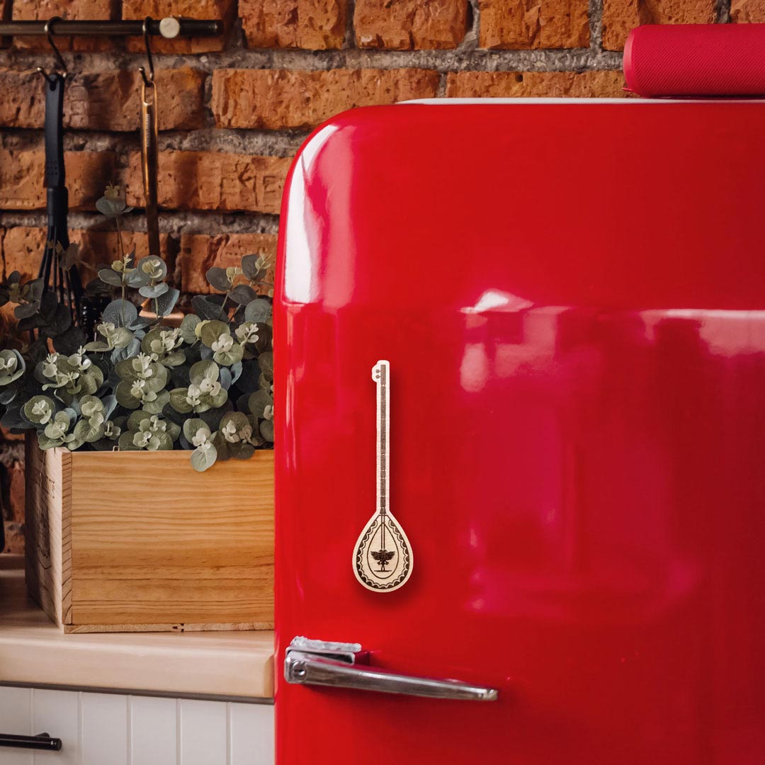 Çifteli traditional Albanian musical instrument, wood engraved magnet, souvenir Made in Albania - Magnet druri dekorativ Çiftelia, instrument tradicional shqiptar, suvenir prodhim shqiptar symbol.al