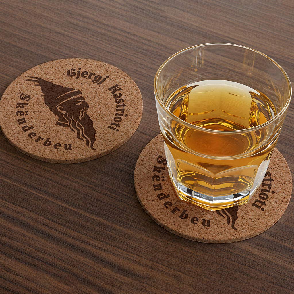 Portreti i Heroit Kombëtar Gjergj Kastrioti Skënderbeu në mbajtëse gotash, suvenir prodhuar në Shqipëri - symbol.al
Gjergj Kastrioti Skenderbeu skanderbeg portrait Albanian hero, cork coasters souvenir made in Albania symbol.al