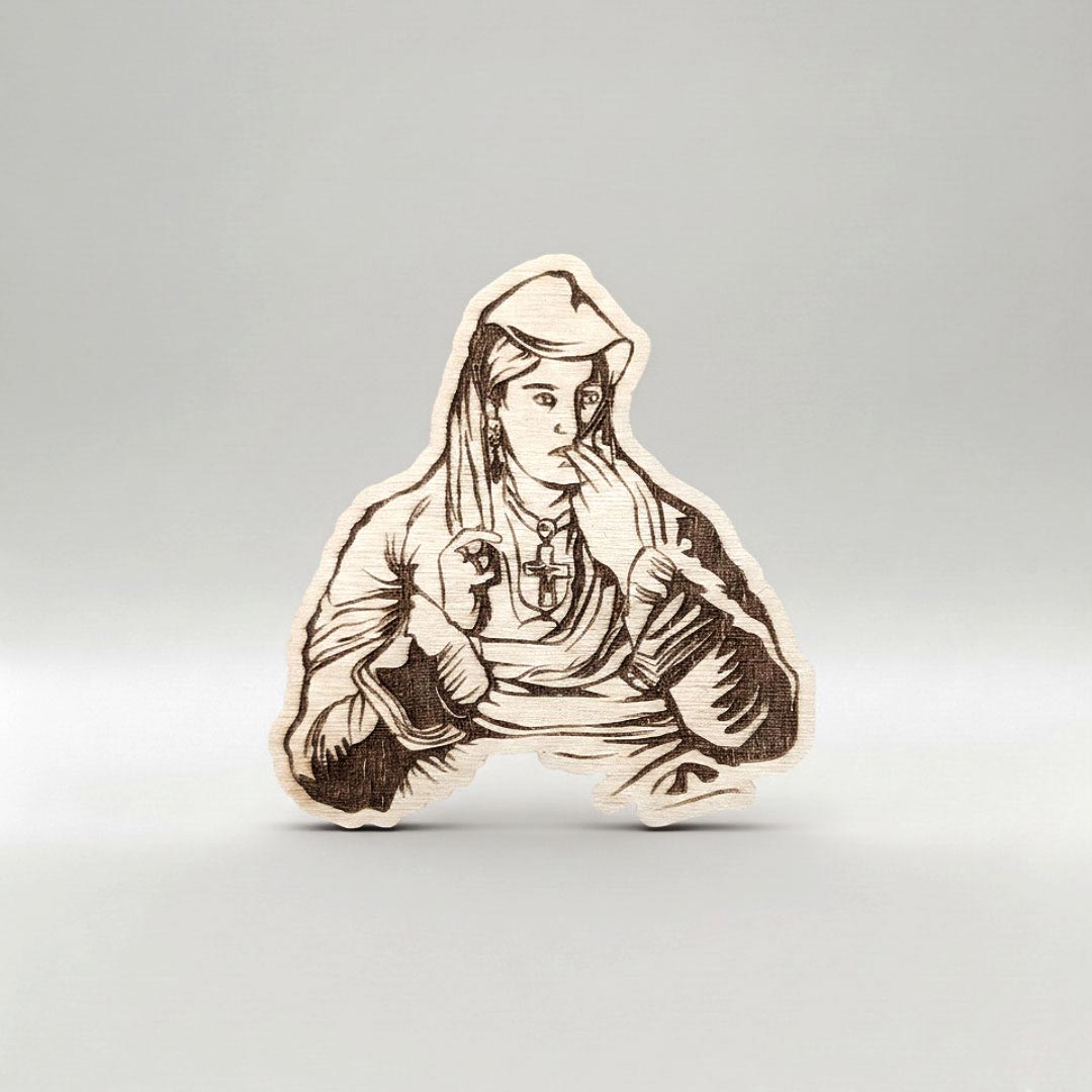 "Motra Tone" Kolë Idromeno picture, engraved in wood, magnet, Made in Albania - symbol.al 
Kryevepra e Kolë Idromenos, Motra Tone, e gdhendur në dru, magnet, Prodhuar në Shqipëri - symbol.al