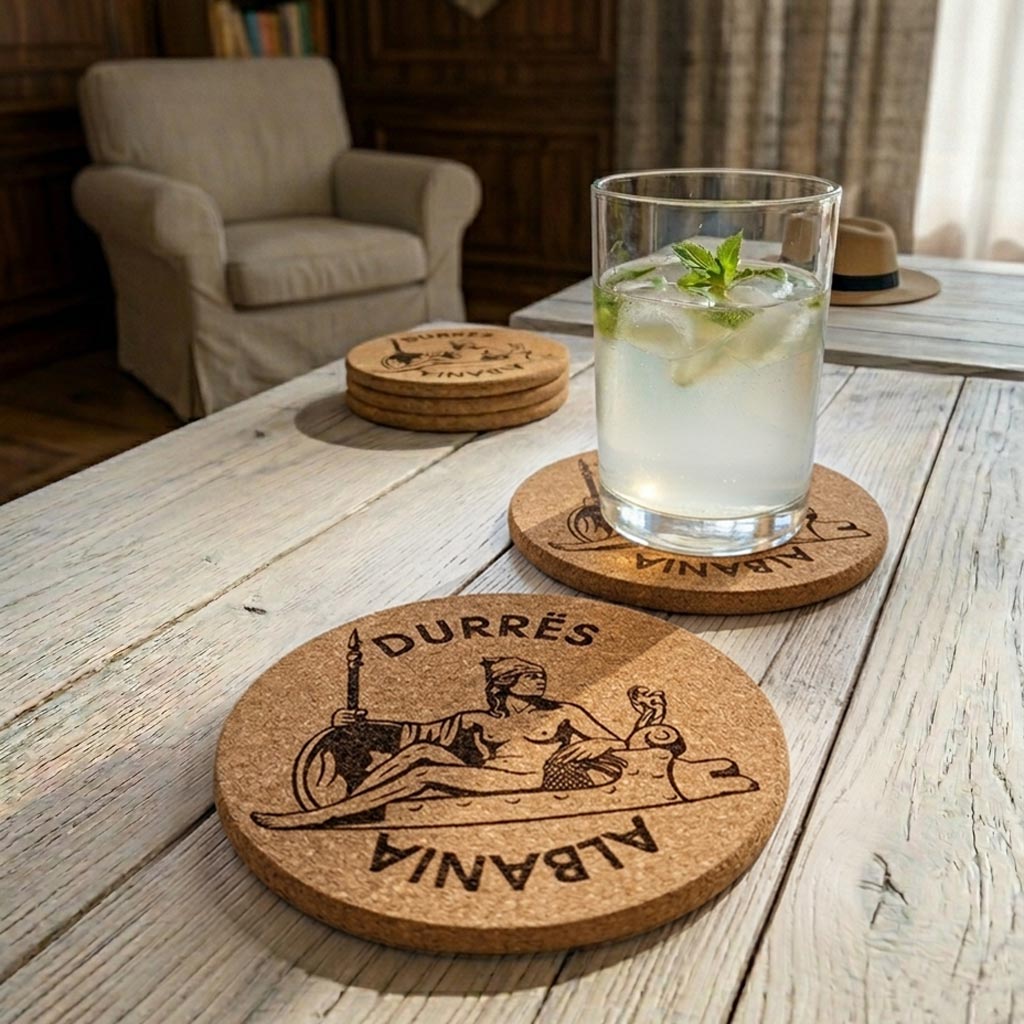 Mbretëresha Teutë, mbretëresha Ilire gdhendur në tape druri, set me 4 mbajtëse gotash, prodhuar në Shqipëri - symbol.al
Queen Teuta, Illyrian Albanian Queen, in set of 4 cork coasters, souvenir made in Albania - symbol.al
