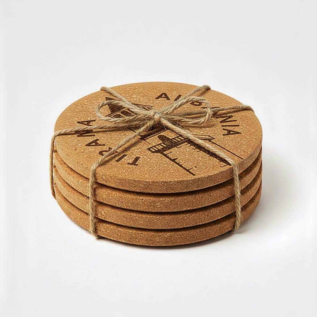 Kulla e Sahatit të Tiranës - Shqipëri, gdhendur në tape druri, set me 4 mbajtëse gotash, prodhuar në Shqipëri - symbol.al
Tirana Clock Tower Albania in set of 4 cork coasters, souvenir made in Albania - symbol.al
