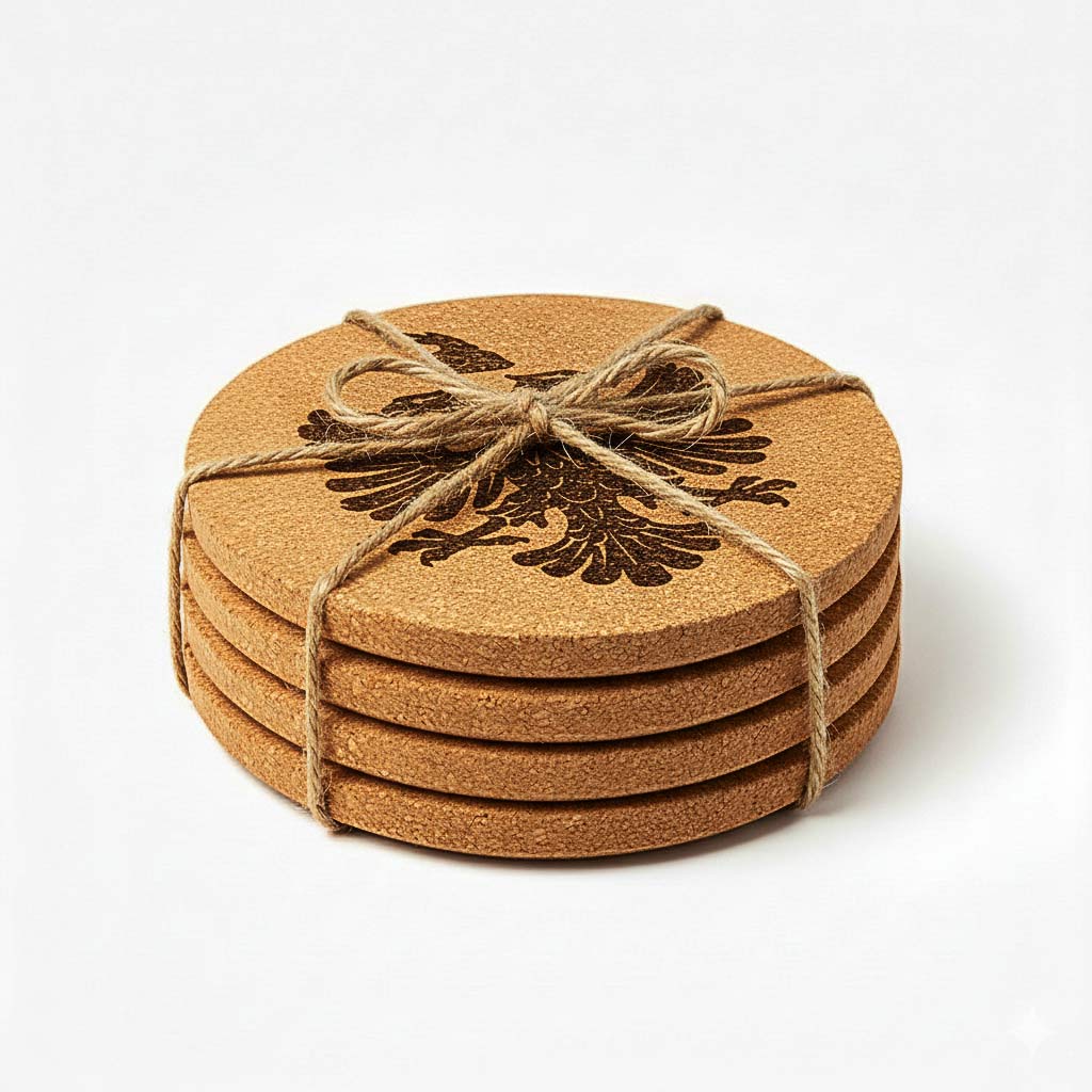Shqiponja dykrerëshe shqiptare gdhendur në tapë druri, set me 4 mbajtëse gotash, suvenir prodhuar në Shqipëri - symbol.al
Albanian eagle engraved in set of cork coasters, souvenir made in Albania - symbol.al
