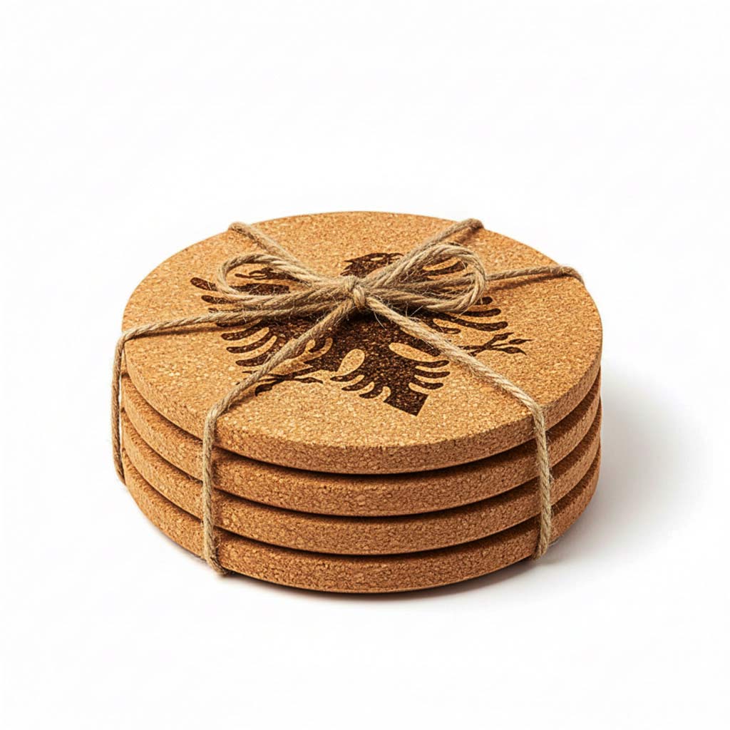 Shqiponja e flamurit shqiptar gdhendur në tapë druri, set me 4 mbajtëse gotash, suvenir prodhuar në Shqipëri - symbol.al
Albanian eagle flag engraved in set of cork coasters, souvenir made in Albania - symbol.al