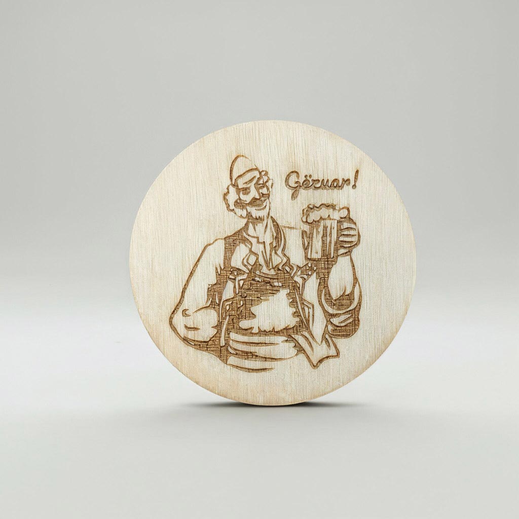Burrë shqiptar me plis dhe me birrë në dorë, me "Gëzuar" gdhendur në dru, magnet, suvenir prodhuar në Shqipëri - symbol.al
Albanian man with a Plis and a beer, with "Gëzuar" (Cheers), wood engraved magnet, souvenir made in Albania - symbol.al