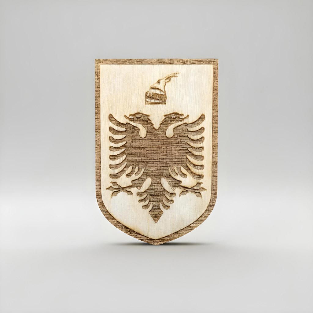 Stema e Republikës së Shqipërisë gdhendur në dru, magnet, suvenir prodhuar në Shqipëri - symbol.al
Coat of arms of the Republic of Albania, wood engraved magnet, made in albania symbol.al